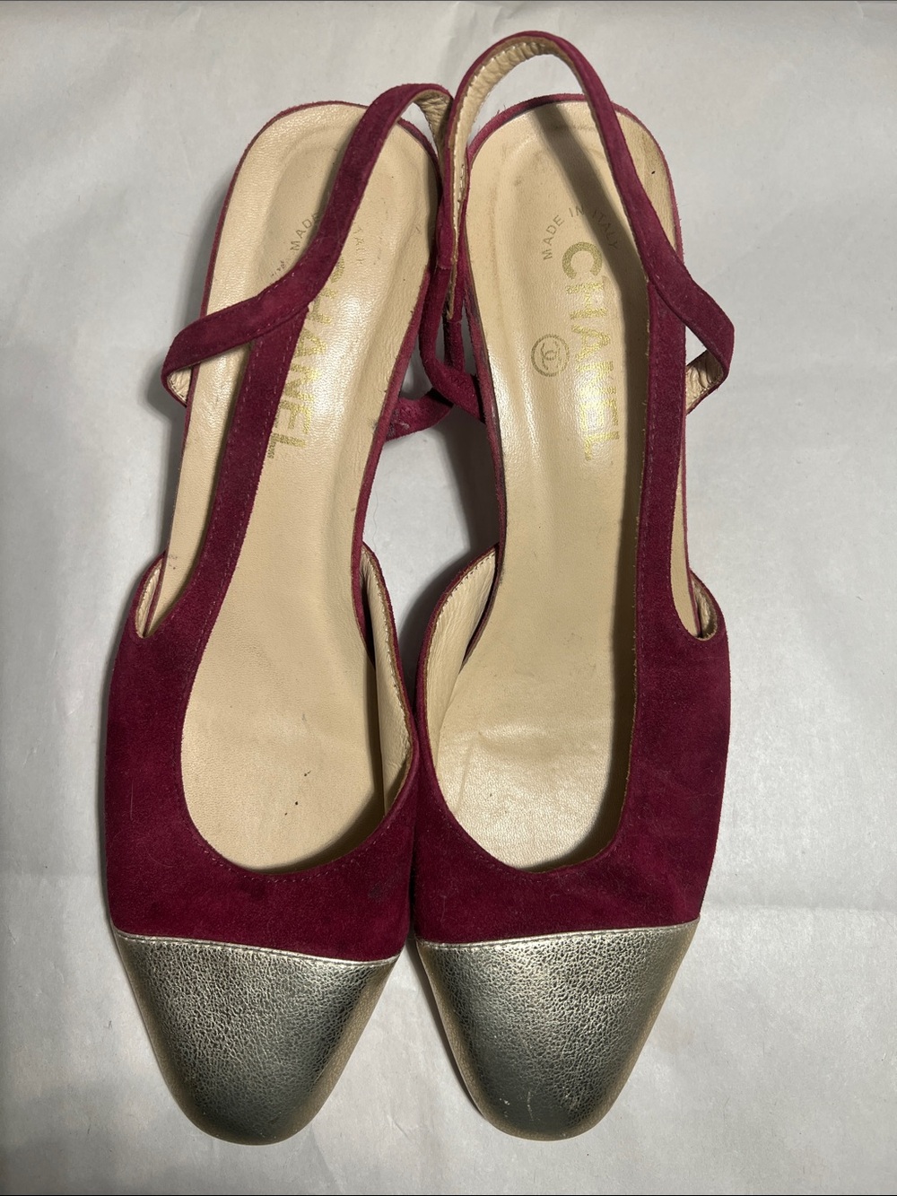 CHANEL Burgundy Suede Slingback Pumps with Silver Cap Toe Authentic